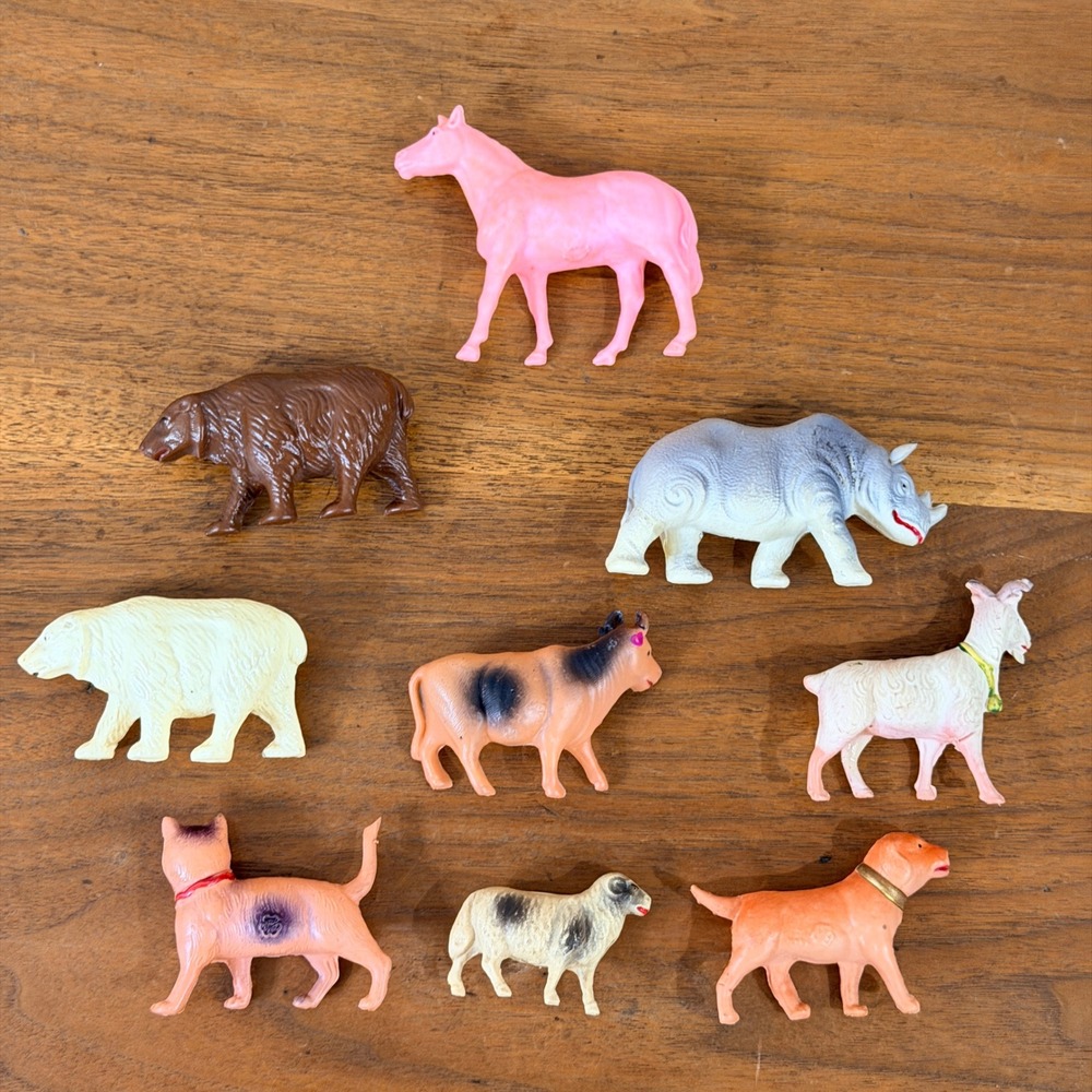 Vintage Celluloid 1950's Toy Animal Lot Horse Bear Rhino Cow Dog Sheep Goat Cat